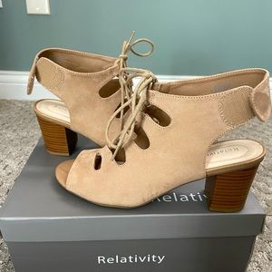 Suede feel, bone colored lace up heels